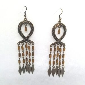 Boho Brass Colored Metal And Wood Bead Dangling Earrings Pre-Owned EUC